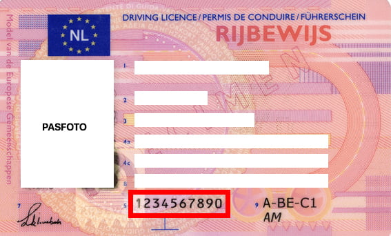 Documentnummer rijbewijs (pasje)